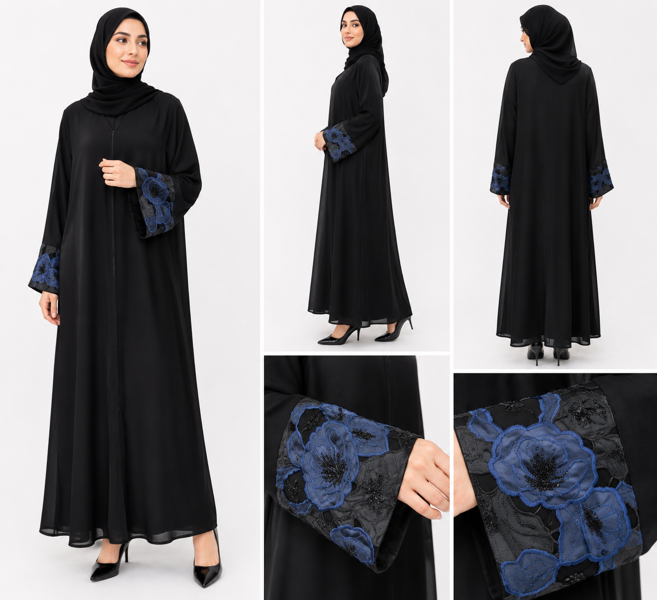 Classic Black Abaya - Blue Floral Cuffs