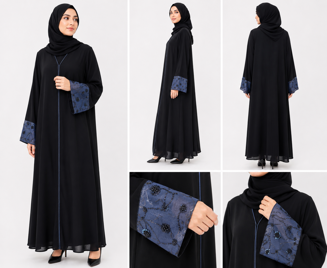 Classic Black Open Abaya - Net over Denim Cuffs