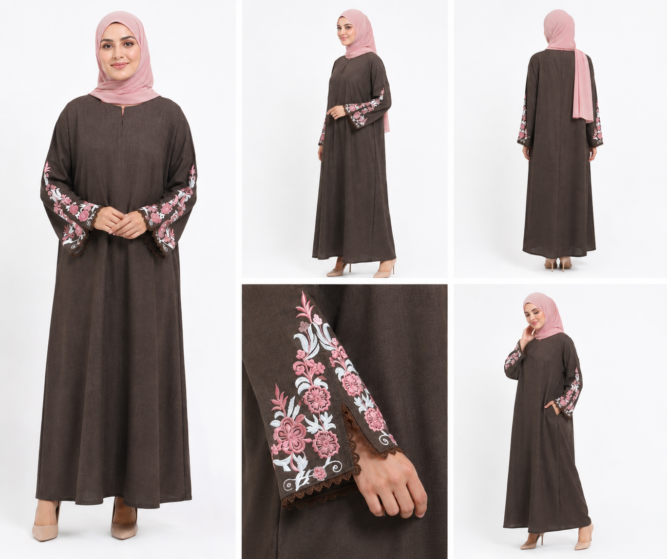 Long Sleeve Brown Linen Dress - Embroidered Cuffs