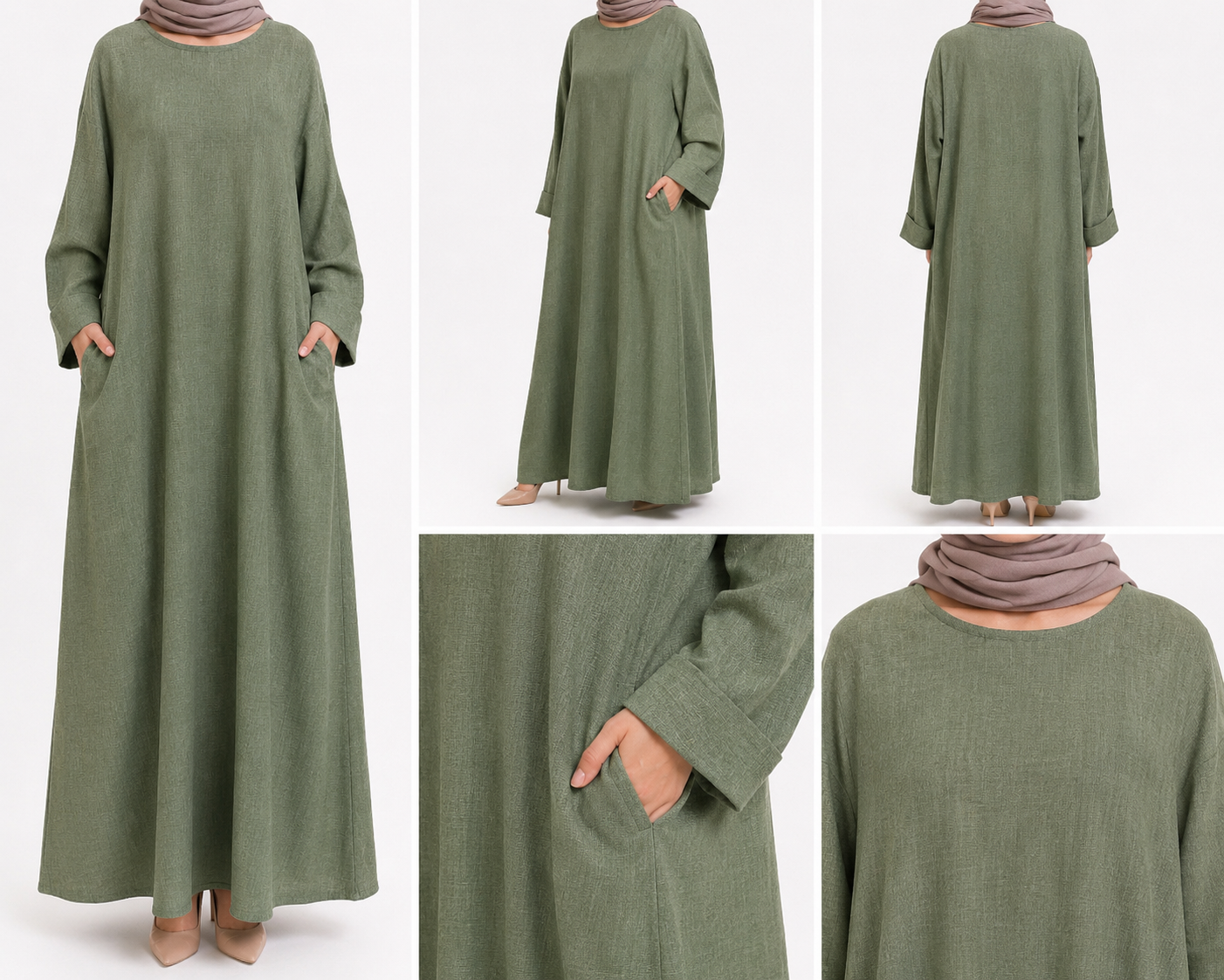 Sage Green Long Sleeve Linen Maxi Dress with Pockets