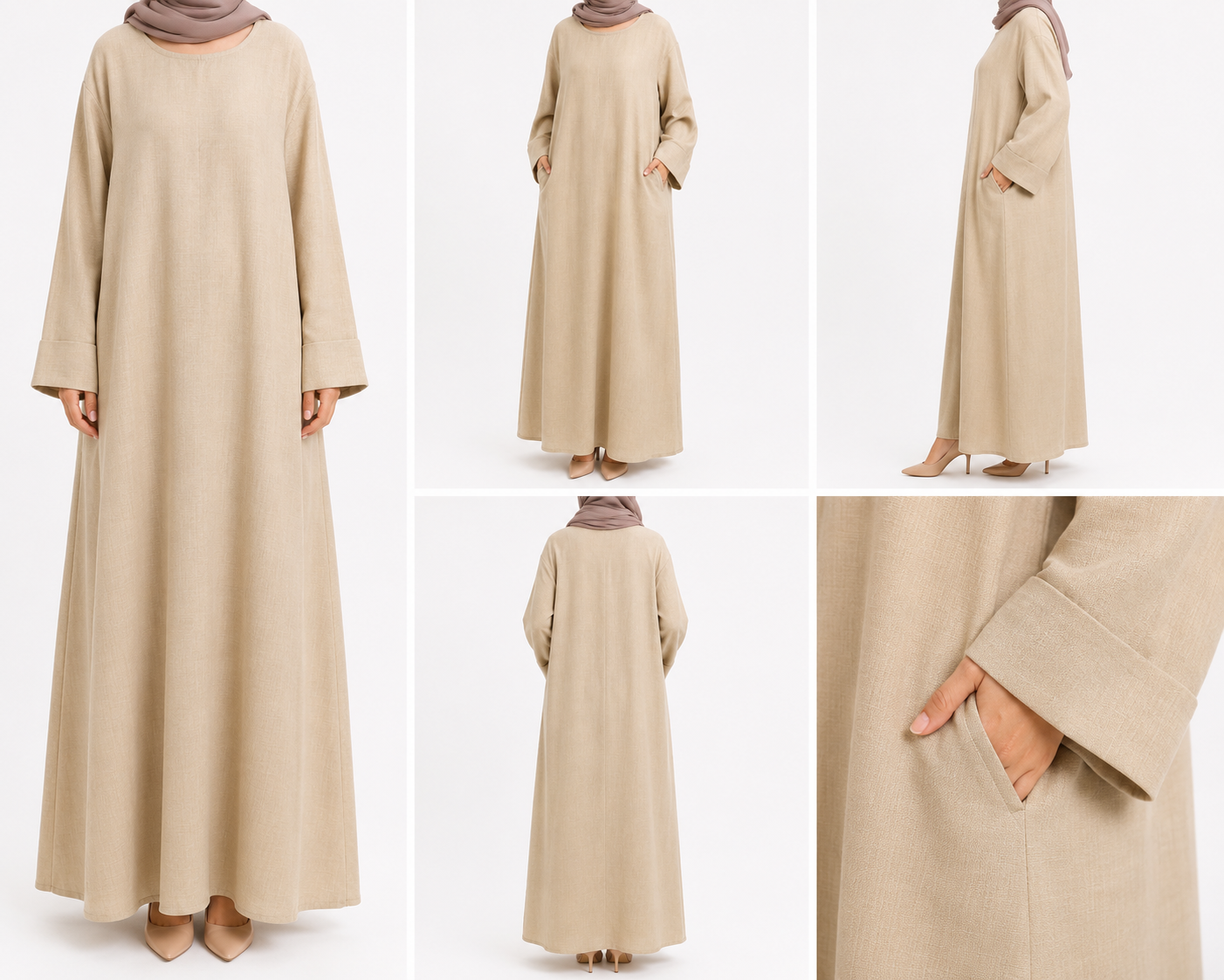 Sand Beige Long Sleeve Linen Maxi Dress with Pockets