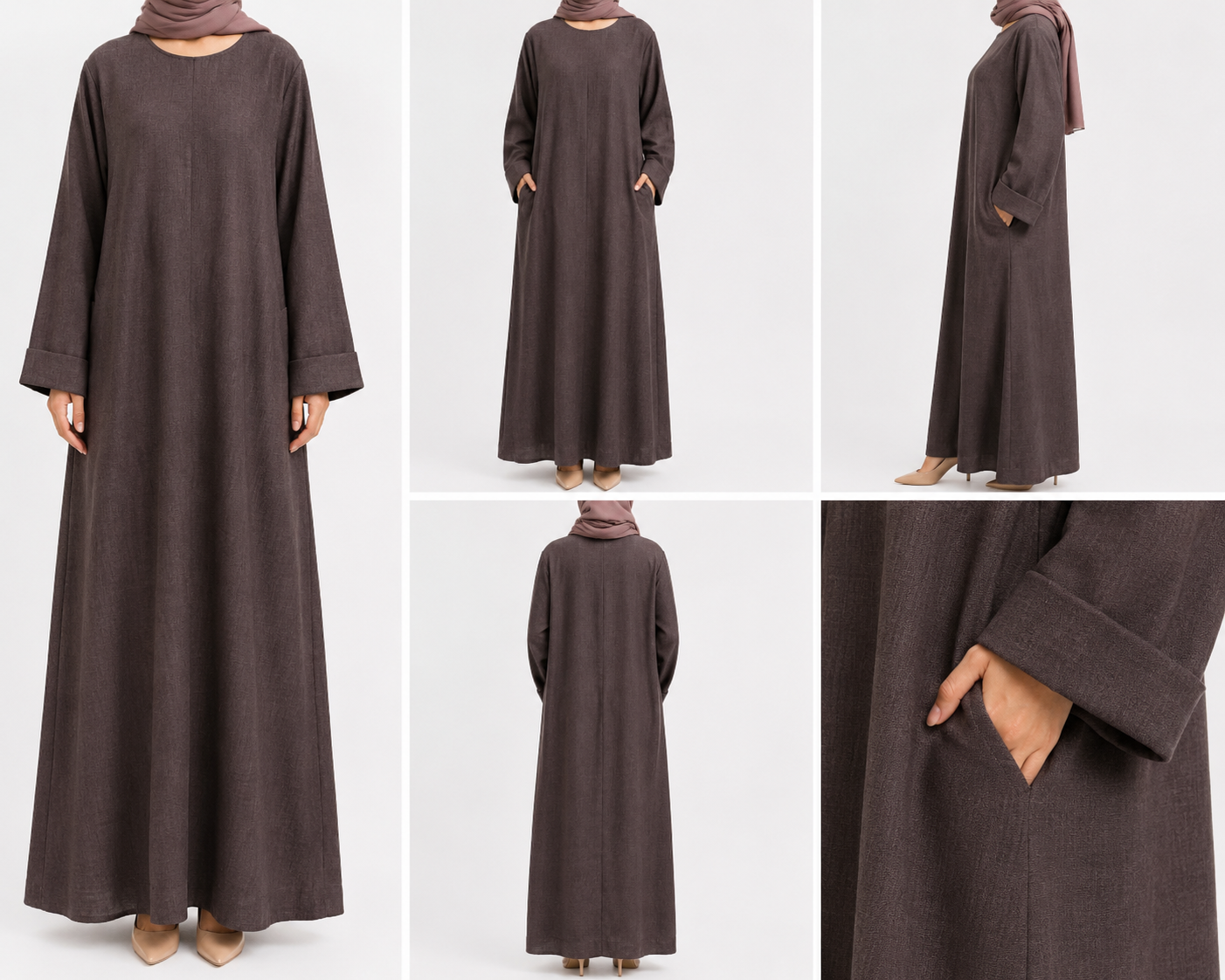 Chocolate Brown Long Sleeve Linen Maxi Dress with Pockets