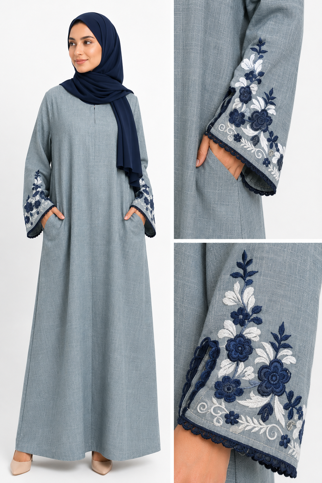 Long Sleeve Gray Linen Dress - Embroidered Cuffs