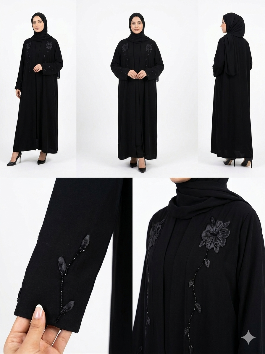 Classic Black Floral Detailed Abaya