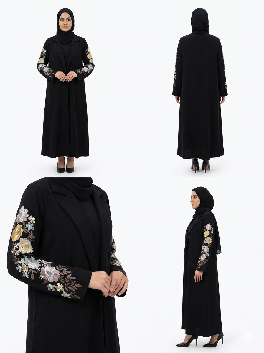 Black Open Blazer Abaya with Floral Embroidered Sleeves