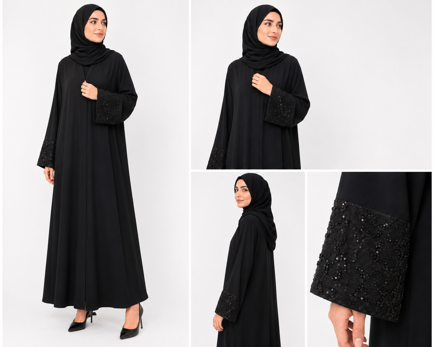 Classic Black Open Abaya-Lace Detailed Sleeves