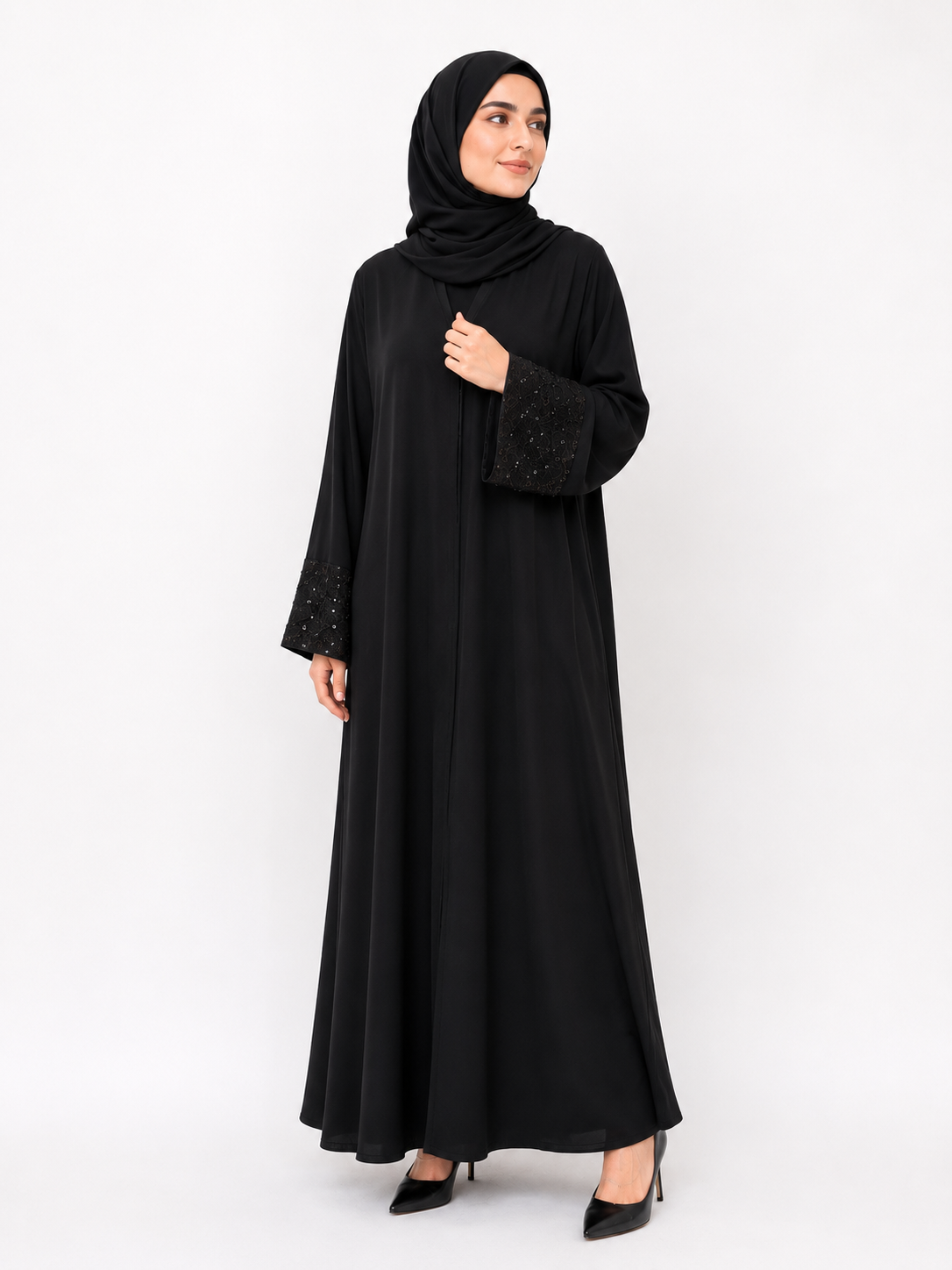Classic Black Open Abaya-Lace Detailed Sleeves