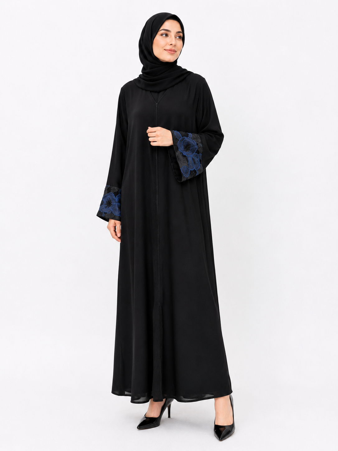 Classic Black Abaya - Blue Floral Cuffs