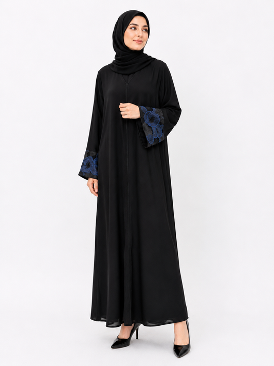 Classic Black Abaya - Blue Floral Cuffs