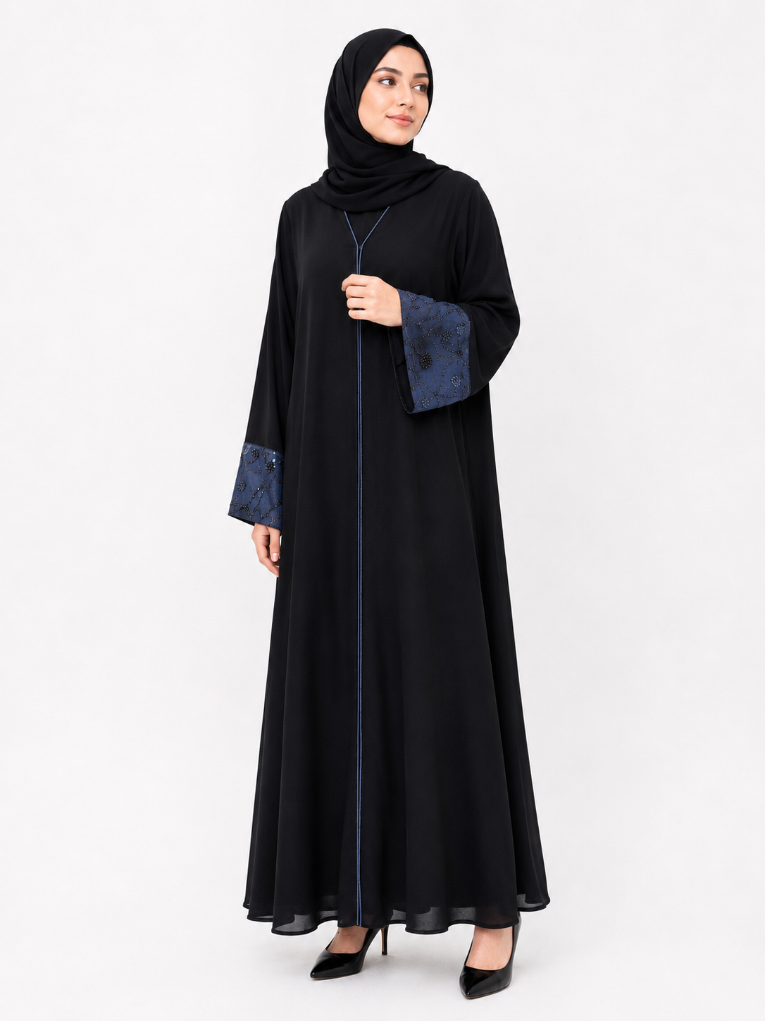 Classic Black Open Abaya - Net over Denim Cuffs