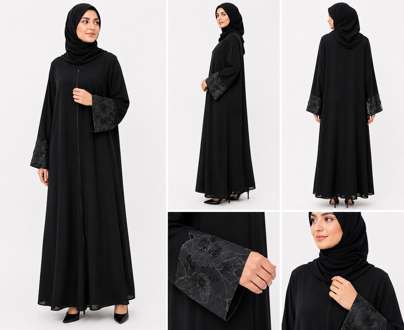 Classic Black Abaya - Black on Black Floral Cuffs