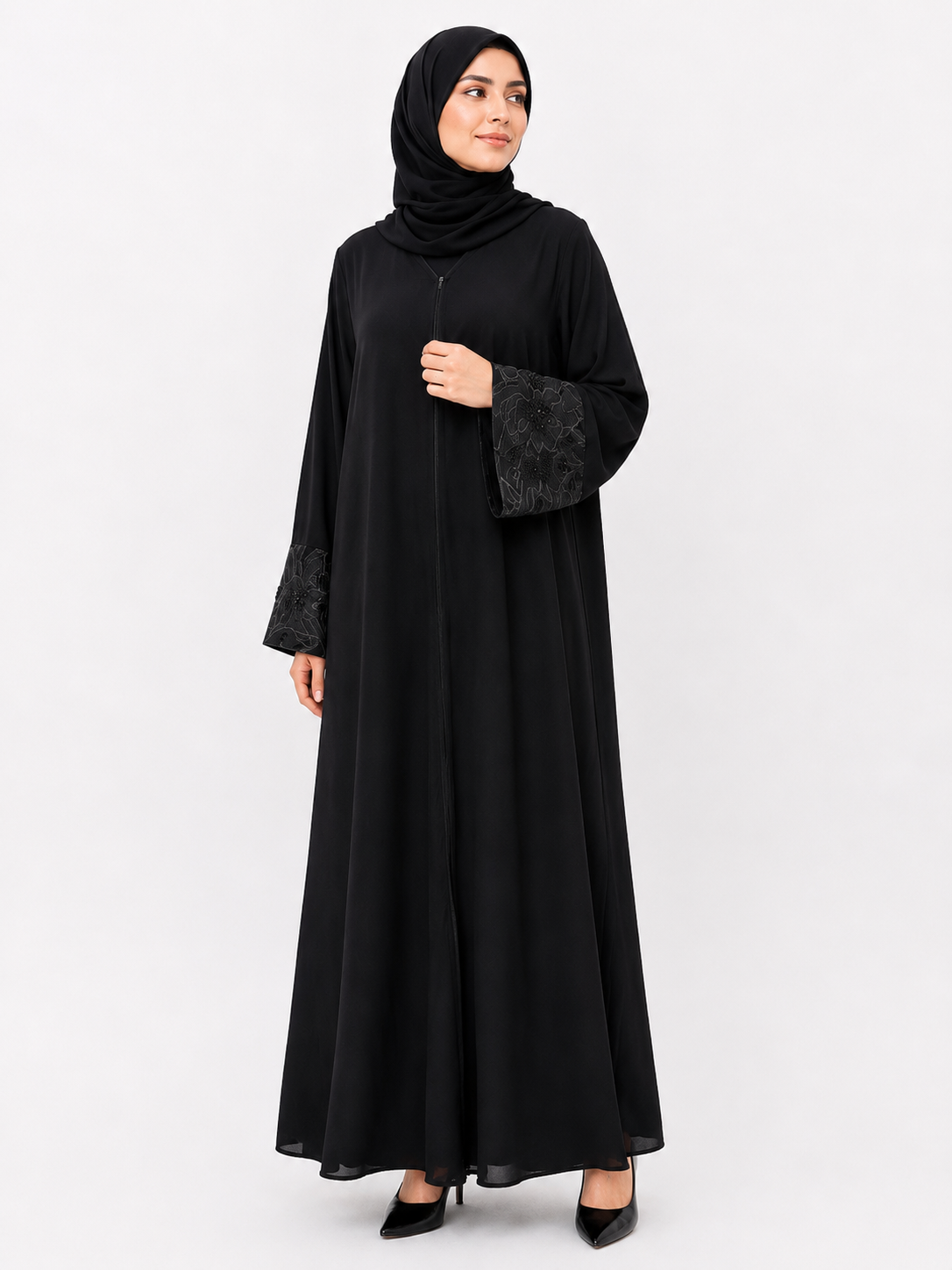 Classic Black Abaya - Black on Black Floral Cuffs