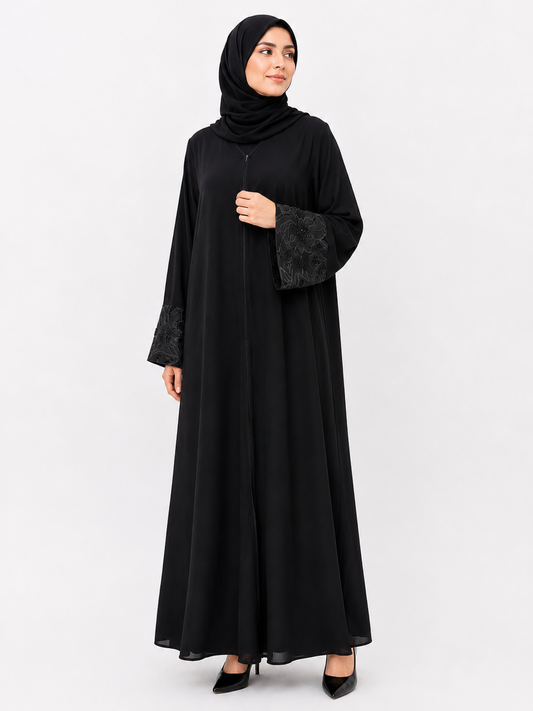 Classic Black Abaya - Black on Black Floral Cuffs