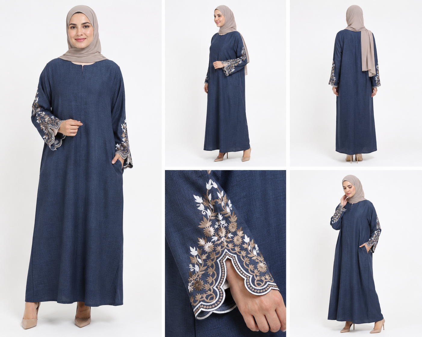 Long Sleeve Navy Linen Dress - Embroidered Cuffs