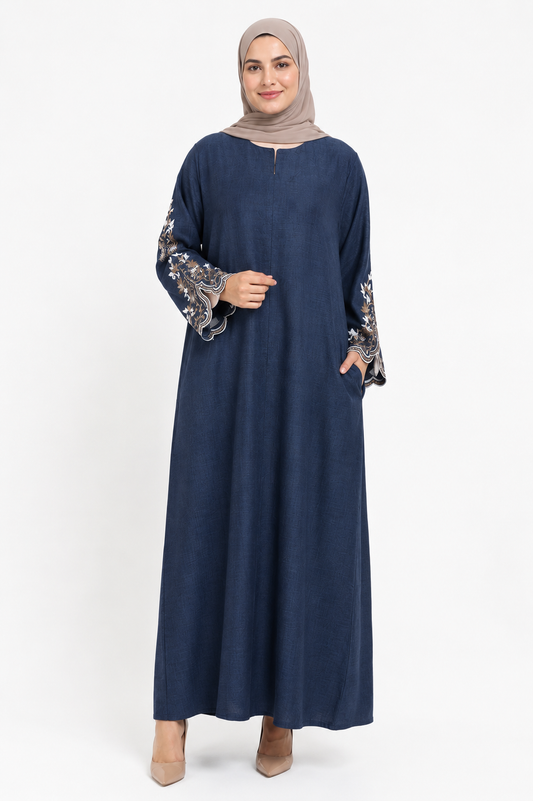 Long Sleeve Navy Linen Dress - Embroidered Cuffs