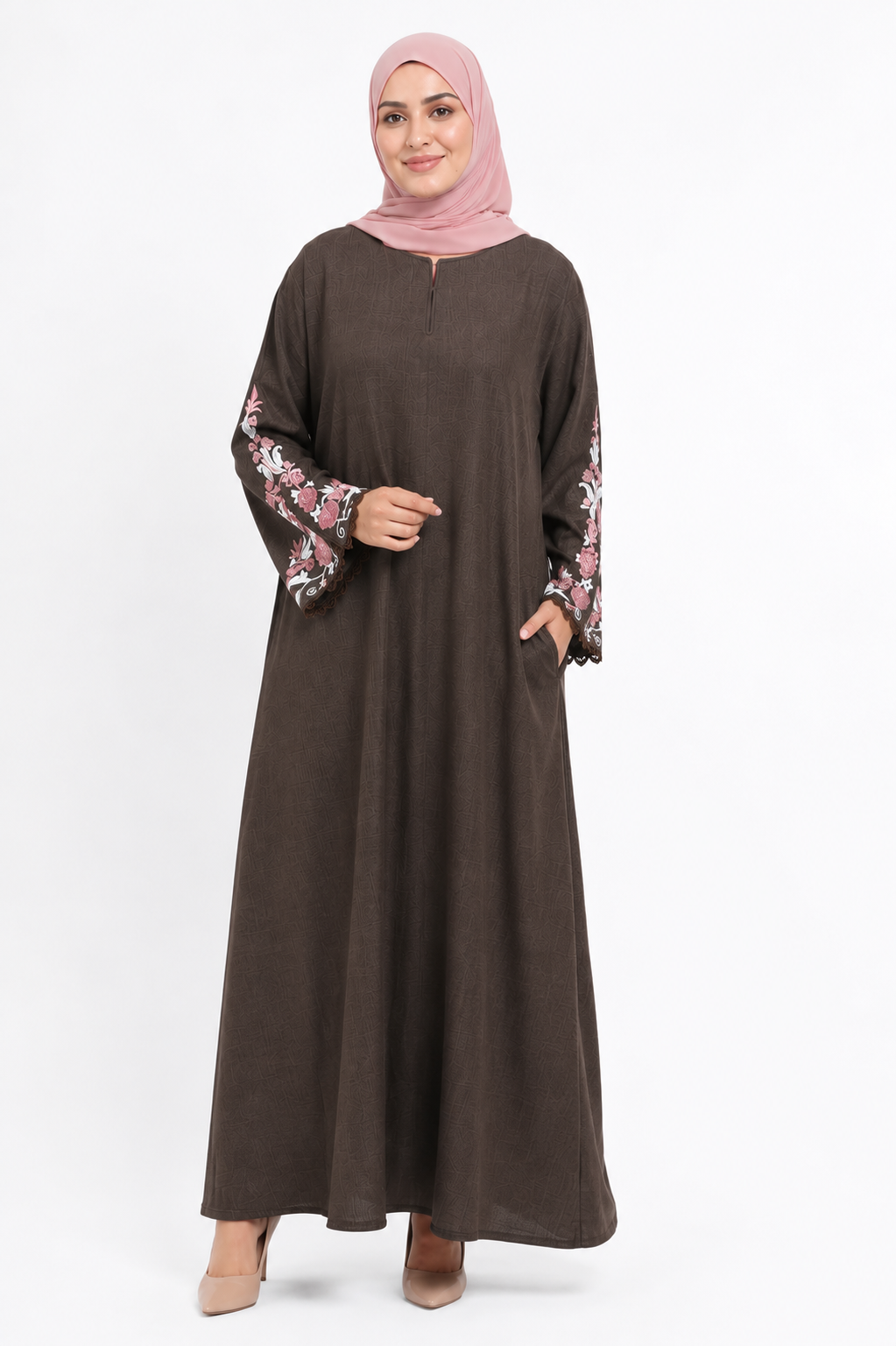 Long Sleeve Brown Linen Dress - Embroidered Cuffs