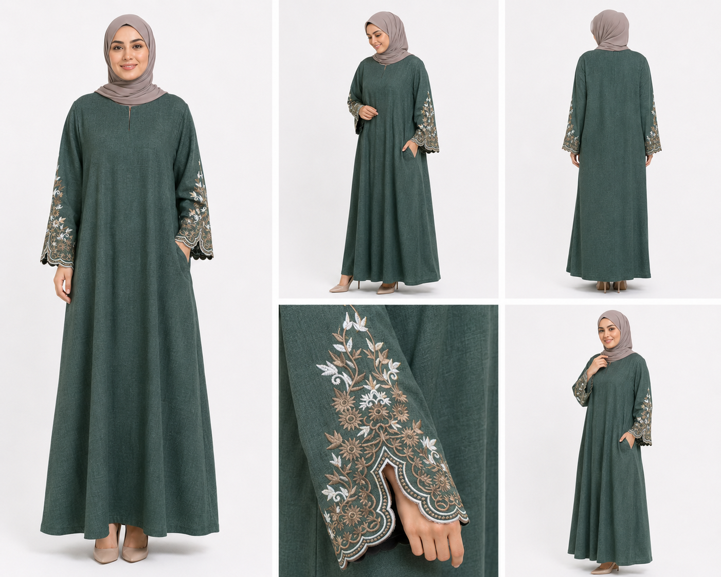Long Sleeve Forest Green Linen Dress - Embroidered Cuffs