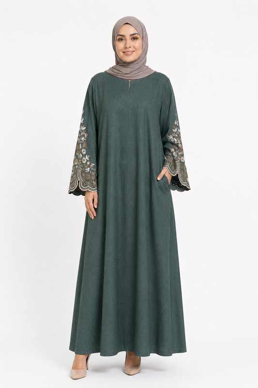 Long Sleeve Forest Green Linen Dress - Embroidered Cuffs