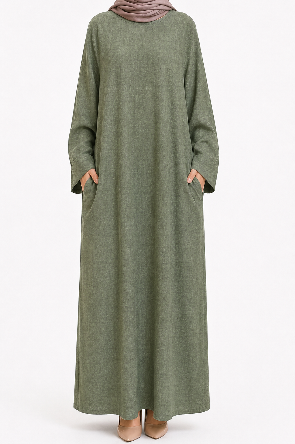 Sage Green Long Sleeve Linen Maxi Dress with Pockets