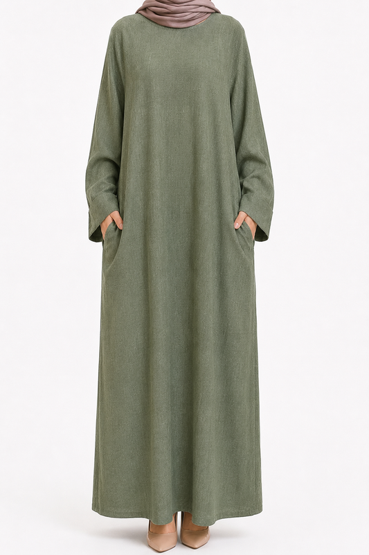 Sage Green Long Sleeve Linen Maxi Dress with Pockets