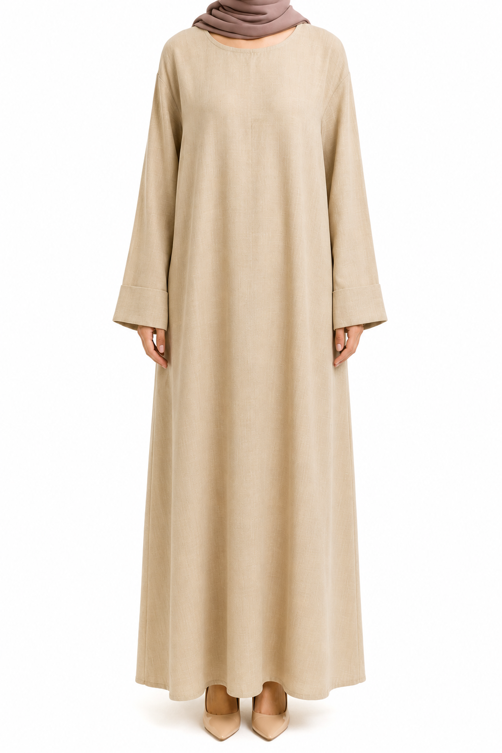 Sand Beige Long Sleeve Linen Maxi Dress with Pockets