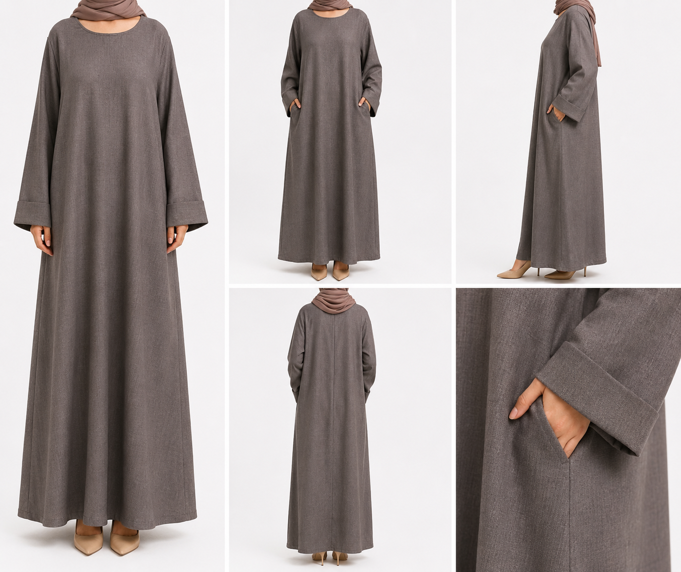 Mushroom Brown Long Sleeve Linen Maxi Dress with Pockets
