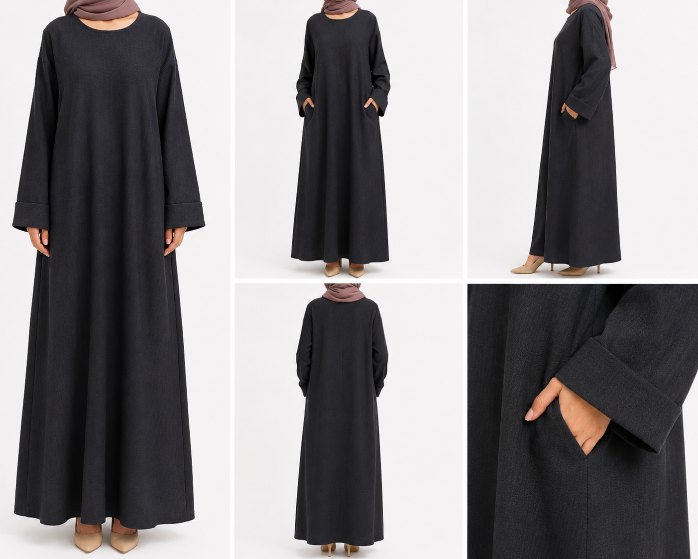 Classic Black Long Sleeve Linen Maxi Dress with Pockets
