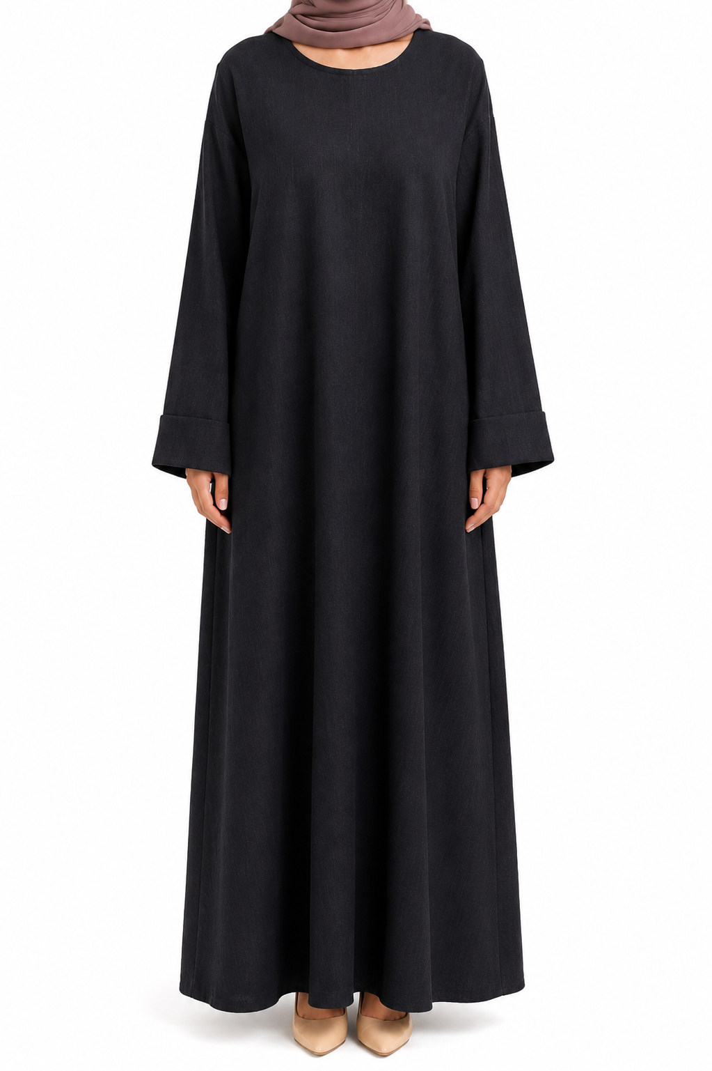 Classic Black Long Sleeve Linen Maxi Dress with Pockets