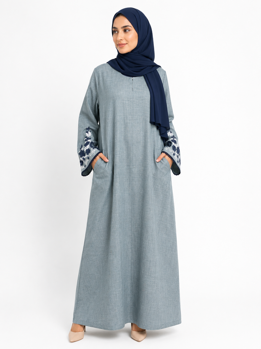 Long Sleeve Gray Linen Dress - Embroidered Cuffs