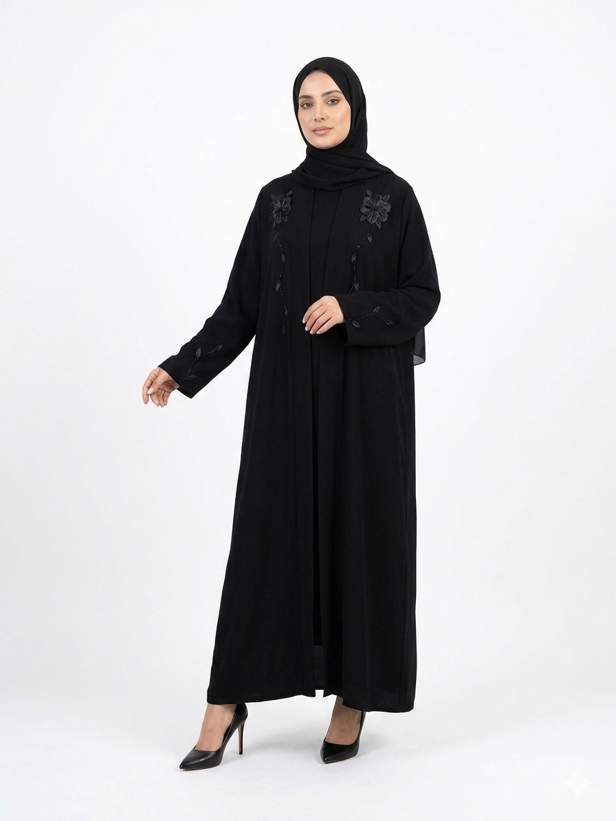 Classic Black Floral Detailed Abaya