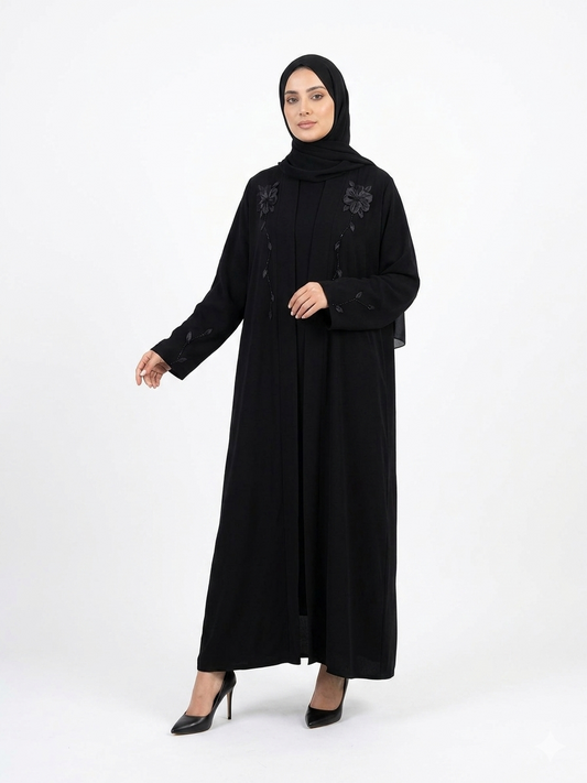 Classic Black Floral Detailed Abaya