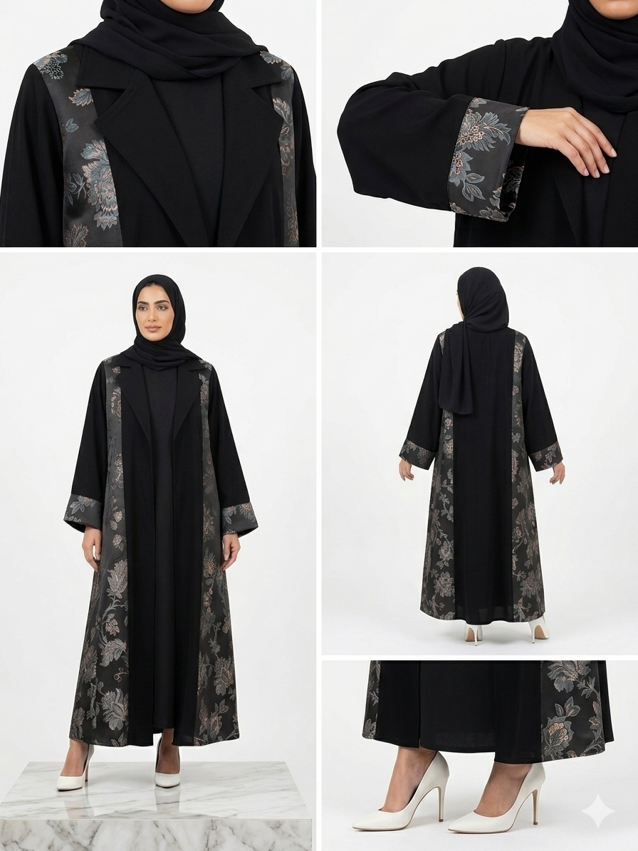 Black Open Abaya with Floral Brocade Lapels and Cuffs