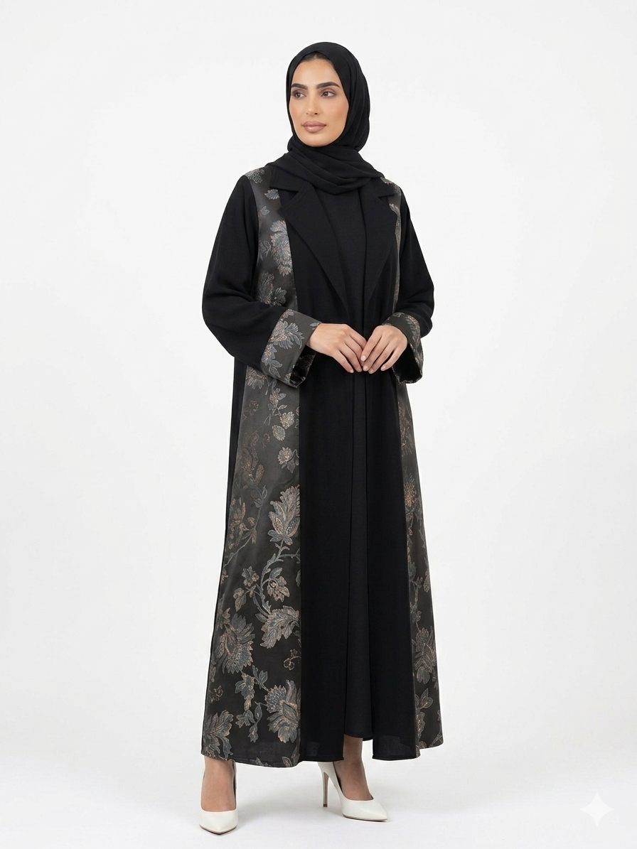 Black Open Abaya with Floral Brocade Lapels and Cuffs
