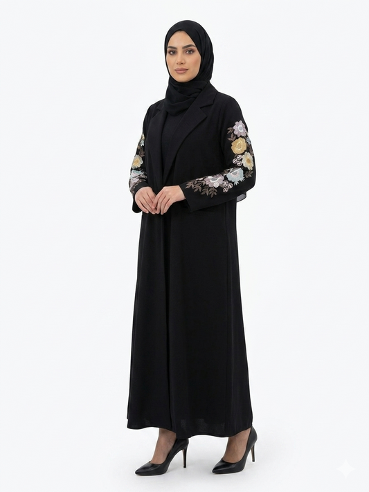 Black Open Blazer Abaya with Floral Embroidered Sleeves