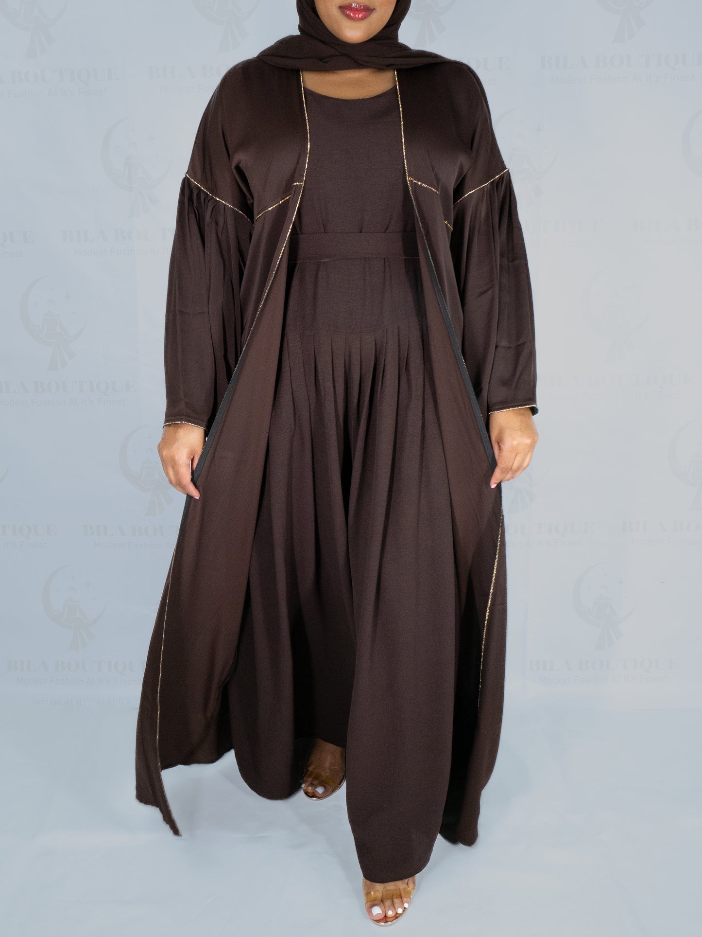 Brown Pleated Sleeve Abaya