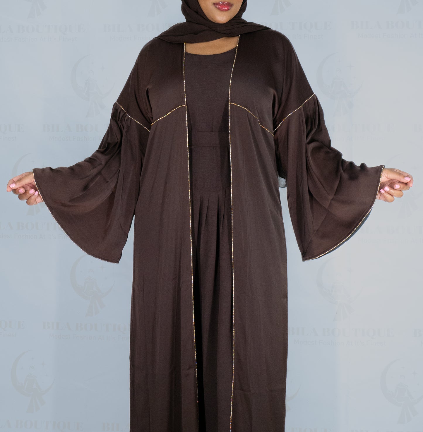 Brown Pleated Sleeve Abaya