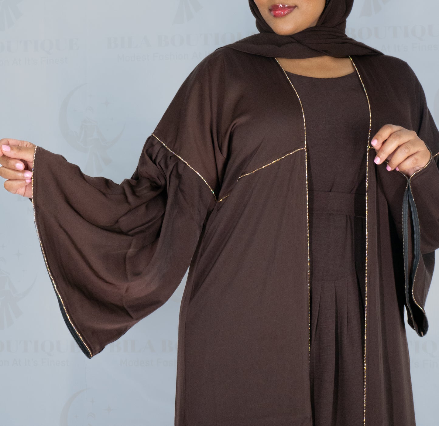 Brown Pleated Sleeve Abaya