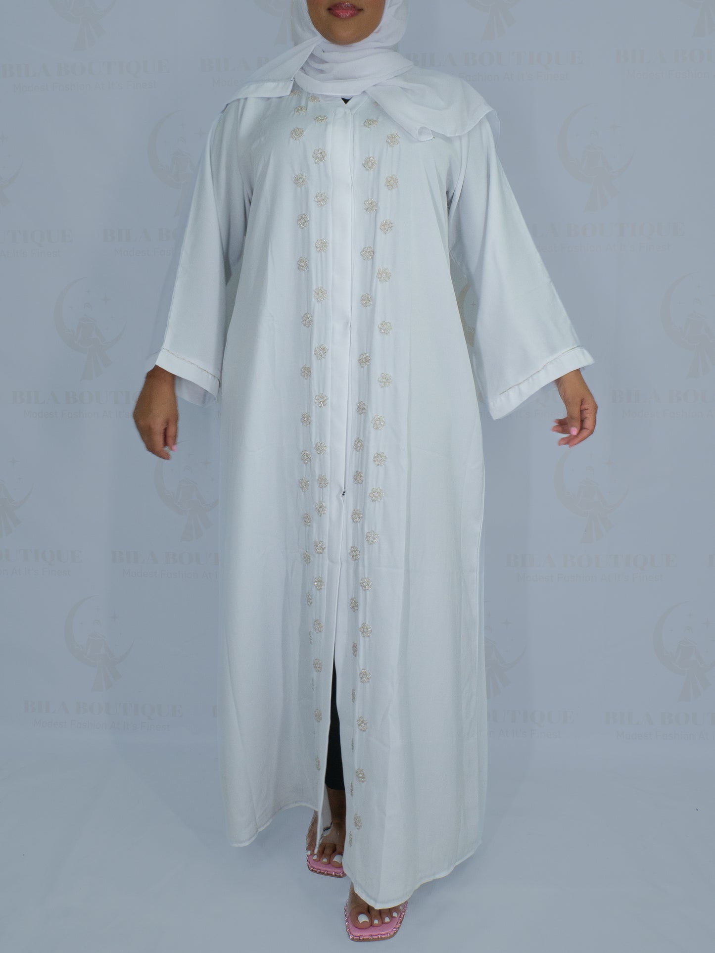 White Gold Flower Abaya