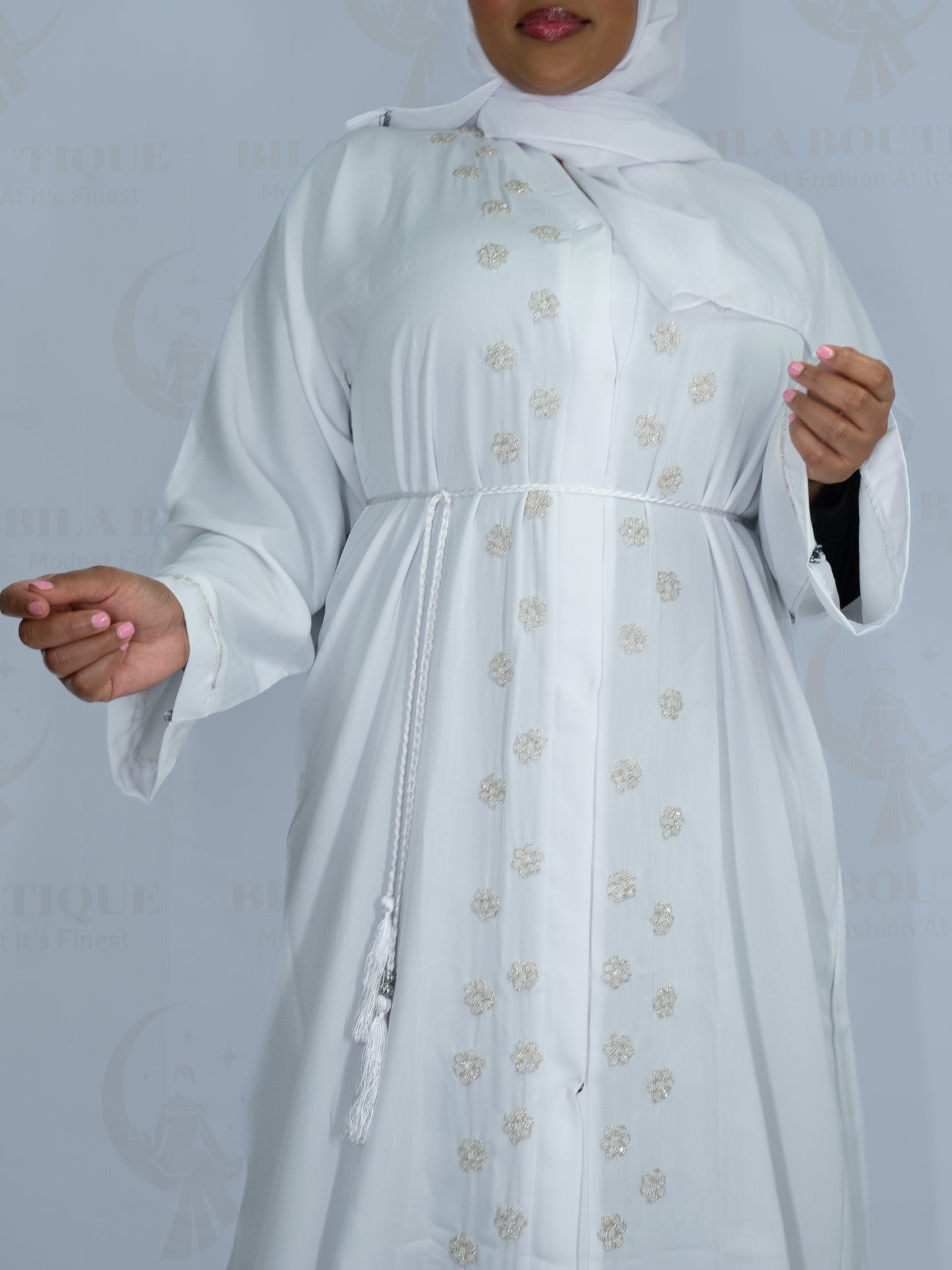 White Gold Flower Abaya