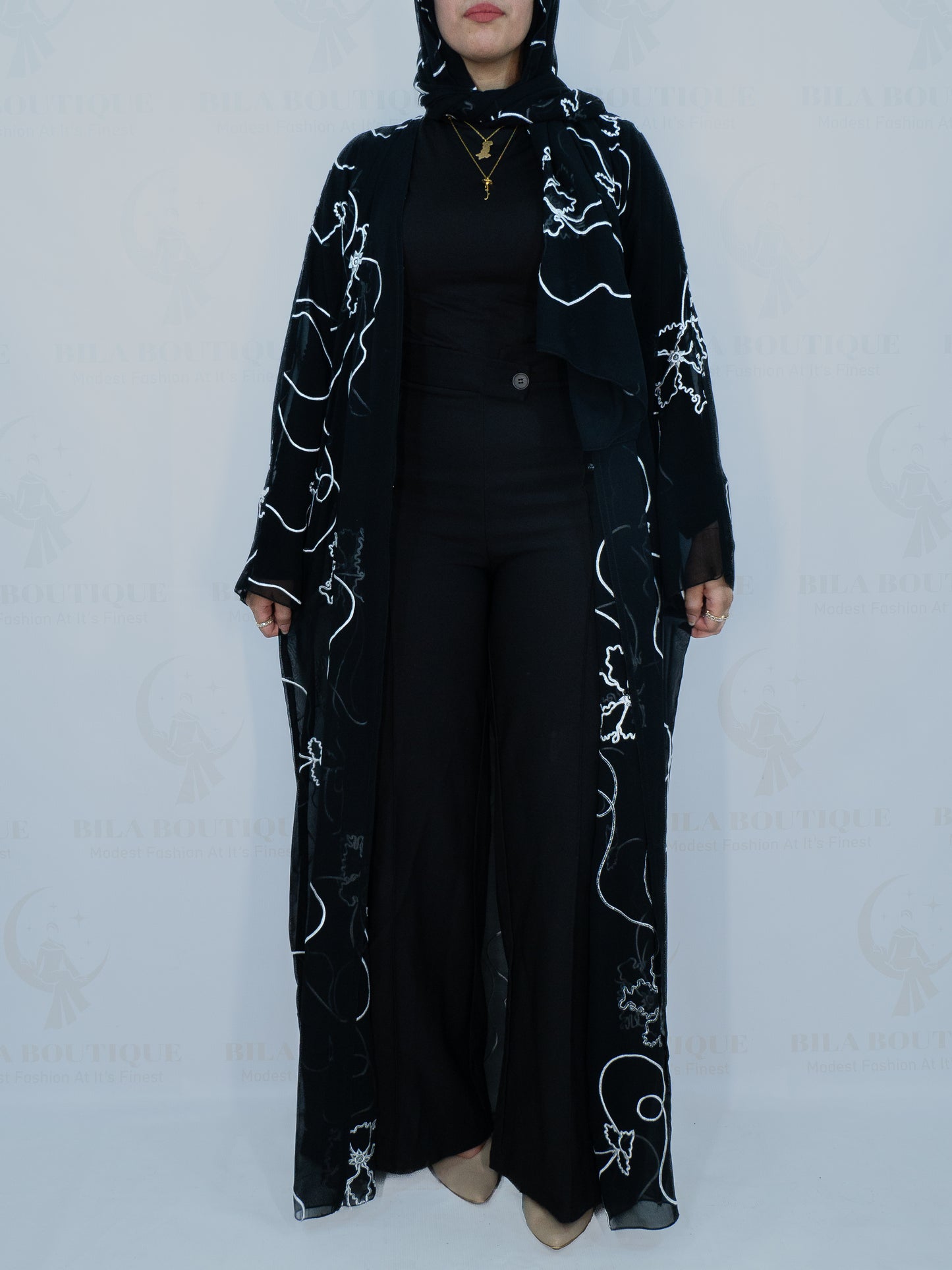 Black White Flower Abaya