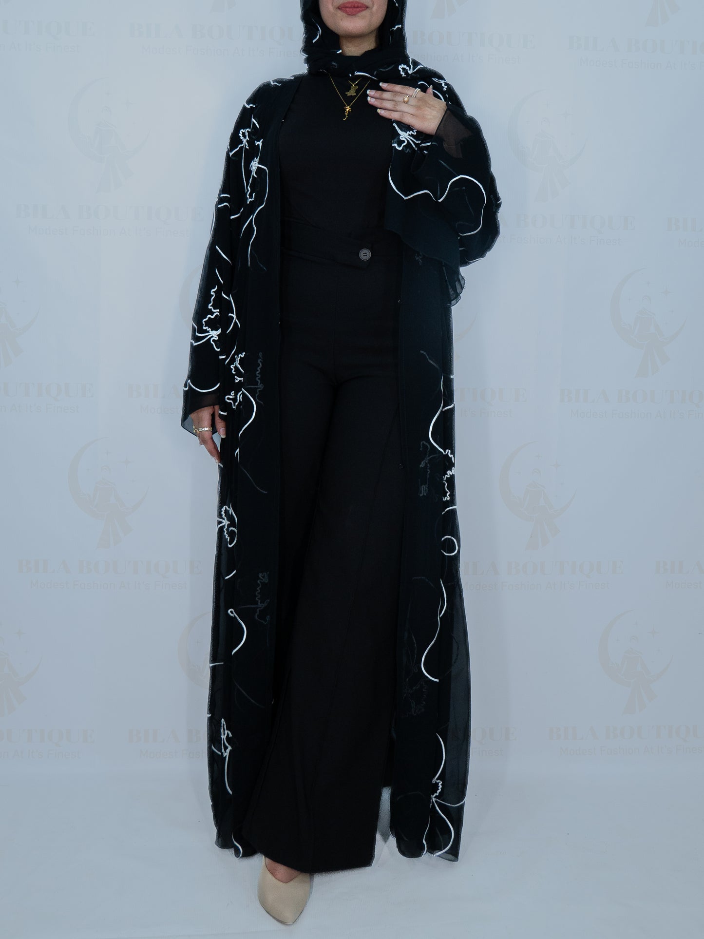 Black White Flower Abaya