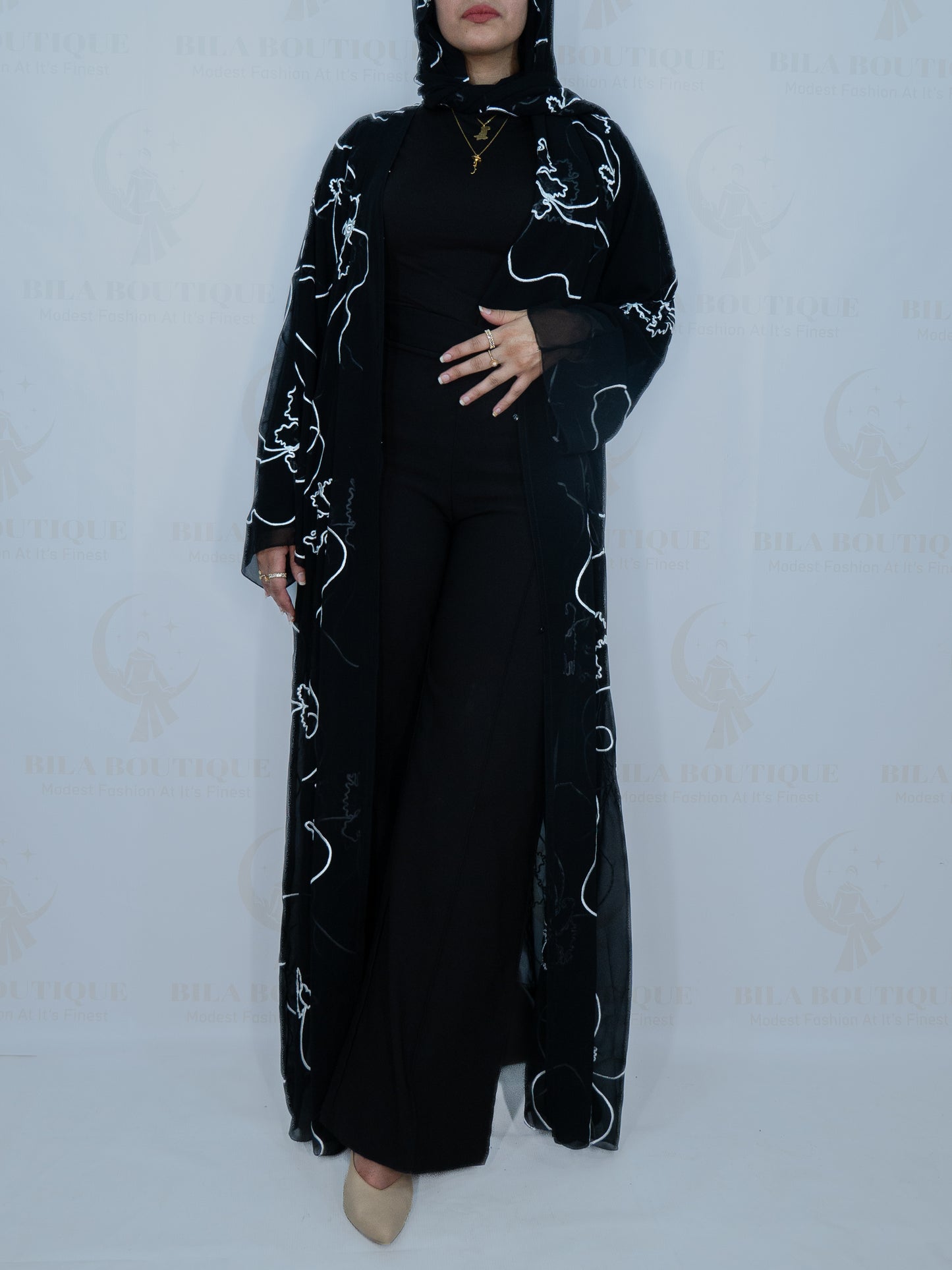 Black White Flower Abaya