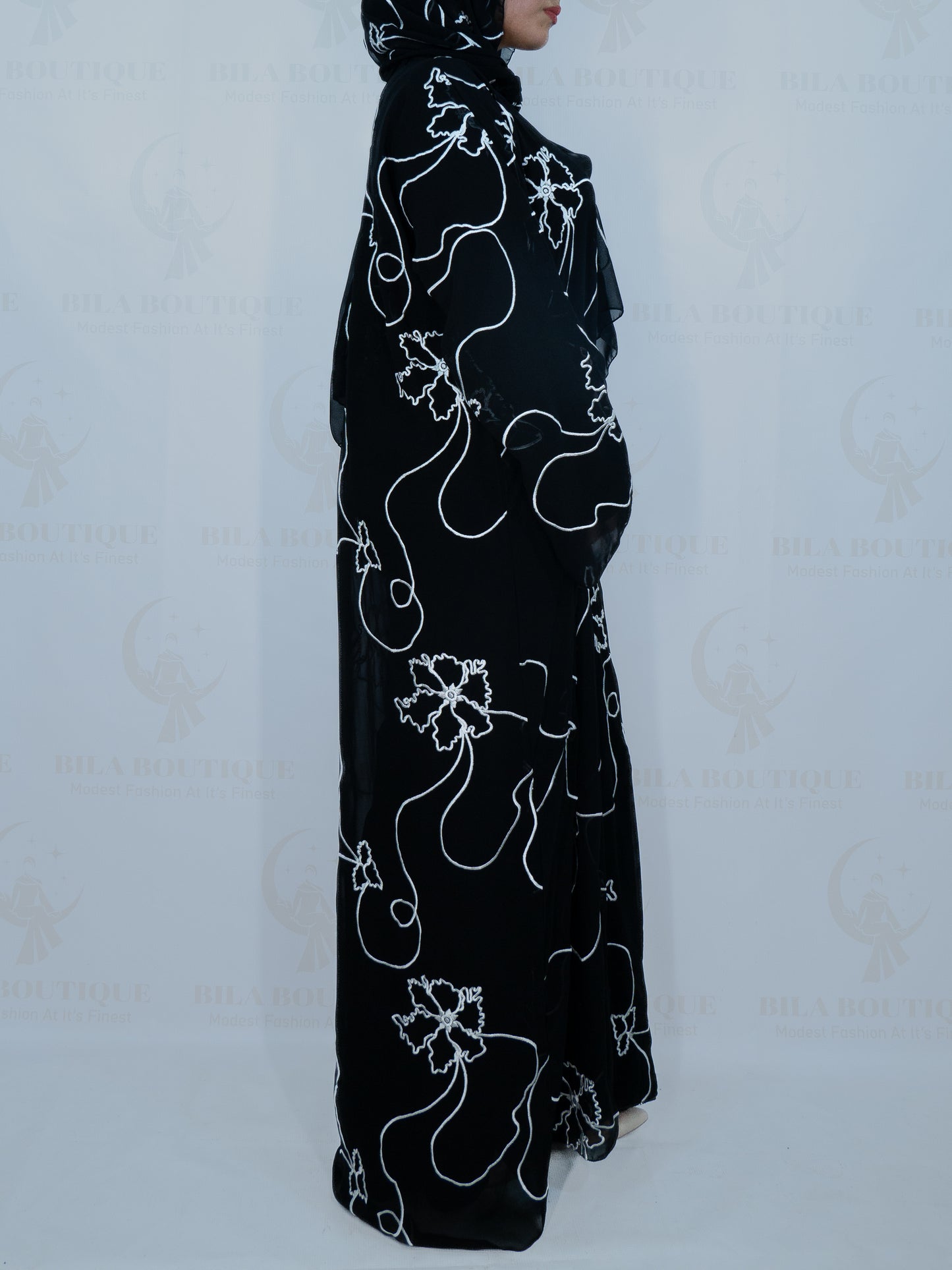Black White Flower Abaya